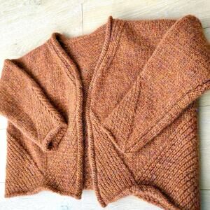 Handmade Heavy Geometric Knit Rust Orange Open Cardigan Sweater Size Medium Wool